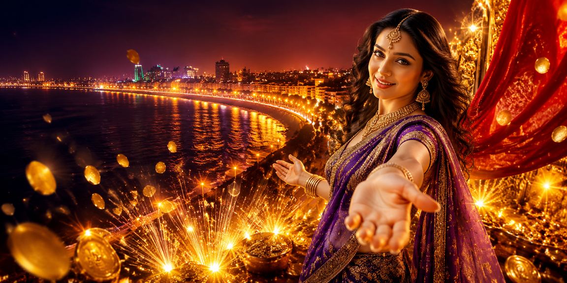 Bustling Mumbai Marine Drive area at night with colorful casino lights